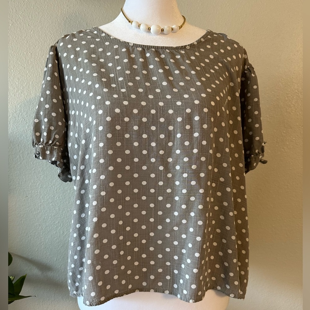 DownEast Women’s Gray/White Polka-Dot Blouse, Shoulder Sleeve Tie - Sz XL